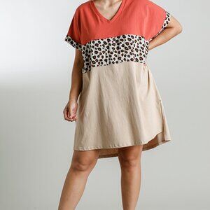 Umgee Boho Animal Print Leopard Print Color Block Oversized tunic